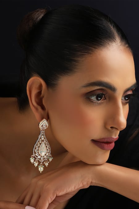 Swabhimann_Rose Gold Pearls, Stones, Beads Pink Meena Polki Dangler Earrings_Online_at_Aza_Fashions