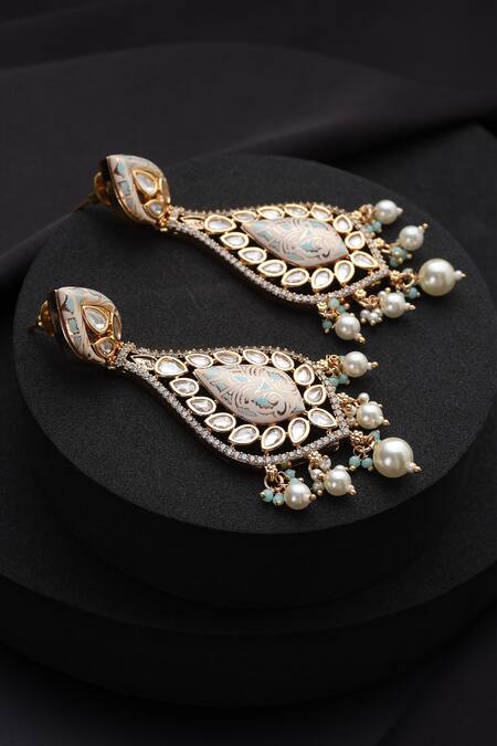 Shop_Swabhimann_Rose Gold Pearls, Stones, Beads Pink Meena Polki Dangler Earrings_Online_at_Aza_Fashions