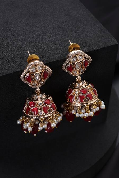 Shop_Swabhimann_Rose Gold Pearls, Stones Red Polki Jhumka Earrings_Online_at_Aza_Fashions