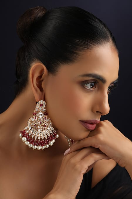 Swabhimann_Gold Plated Pearls, Stones Red Polki Chandbali Earrings _Online_at_Aza_Fashions