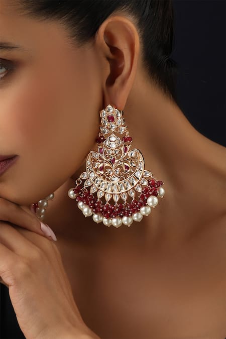 Buy_Swabhimann_Gold Plated Pearls, Stones Red Polki Chandbali Earrings _Online_at_Aza_Fashions