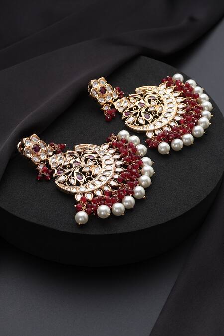 Shop_Swabhimann_Gold Plated Pearls, Stones Red Polki Chandbali Earrings _Online_at_Aza_Fashions