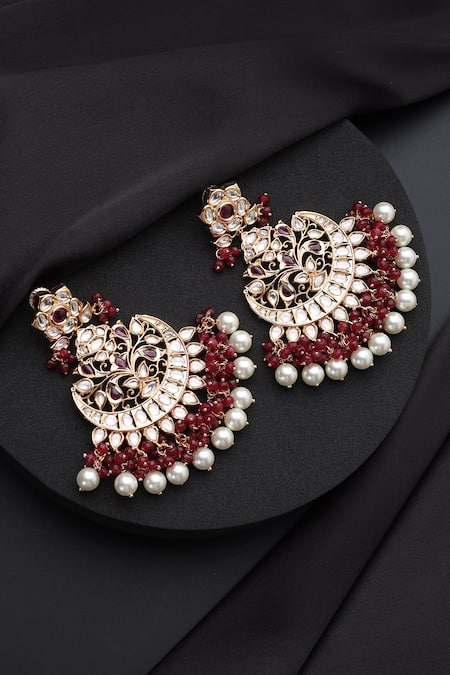 Shop_Swabhimann_Gold Plated Pearls, Stones Red Polki Chandbali Earrings _at_Aza_Fashions