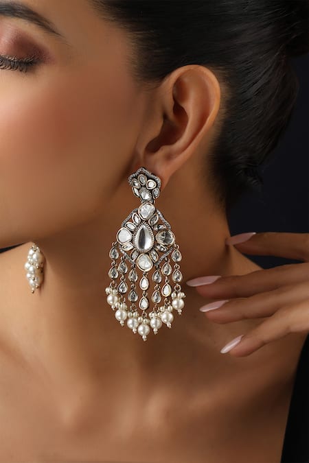 Shop_Swabhimann_Gold Plated Pearls, Stones White Polki And Dangler Earrings _Online_at_Aza_Fashions