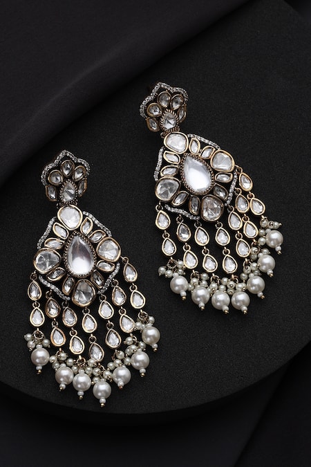 Shop_Swabhimann_Gold Plated Pearls, Stones White Polki And Dangler Earrings _at_Aza_Fashions