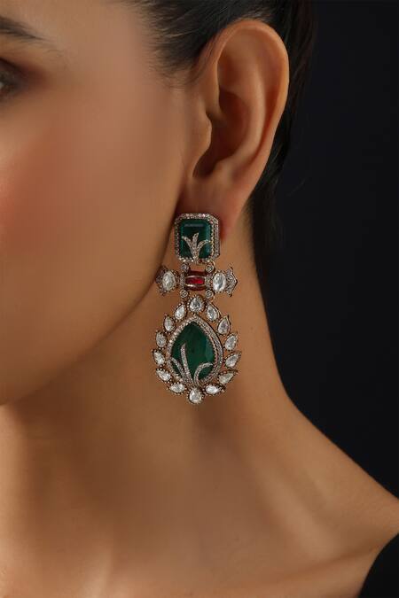 Swabhimann_Rose Gold Gemstones, Green Polki Dangler Earrings _Online_at_Aza_Fashions