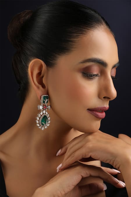 Buy_Swabhimann_Rose Gold Gemstones, Green Polki Dangler Earrings _Online_at_Aza_Fashions
