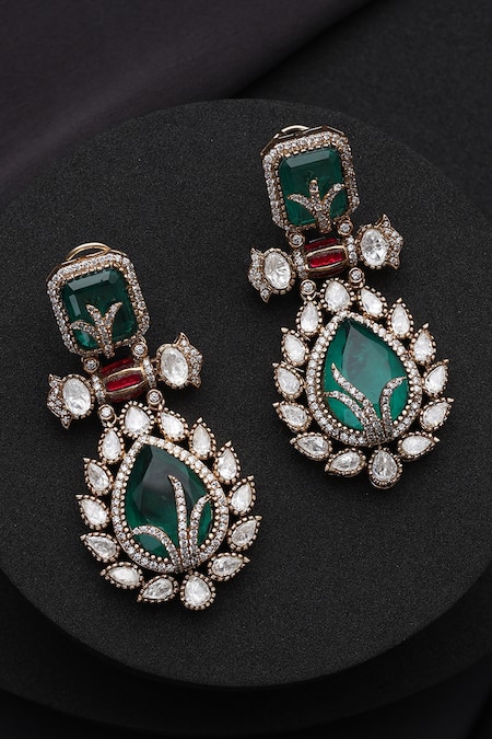 Shop_Swabhimann_Rose Gold Gemstones, Green Polki Dangler Earrings _at_Aza_Fashions