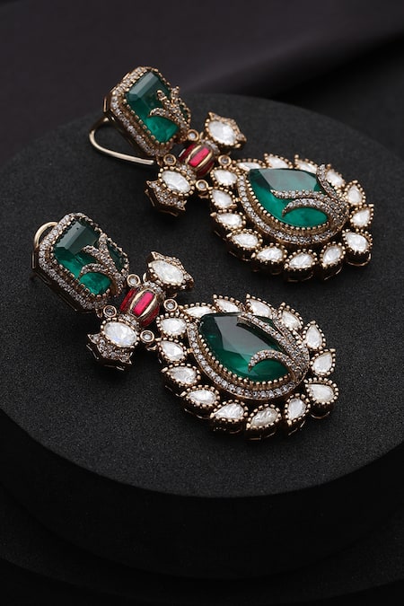Shop_Swabhimann_Rose Gold Gemstones, Green Polki Dangler Earrings _Online_at_Aza_Fashions