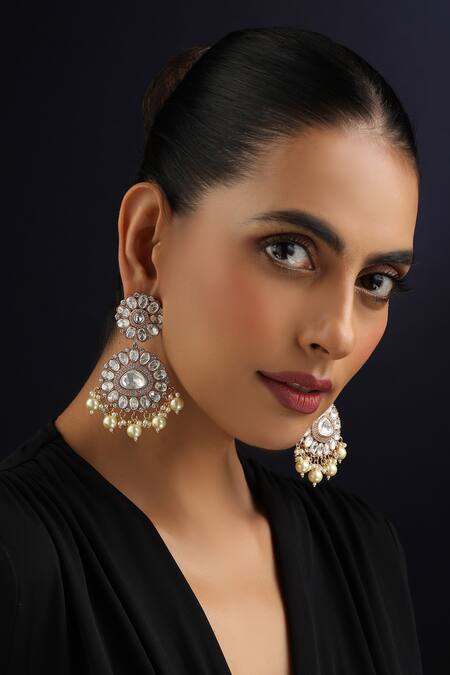 Swabhimann_Rose Gold Pearls, Stones White Polki And Dangler Earrings _Online_at_Aza_Fashions
