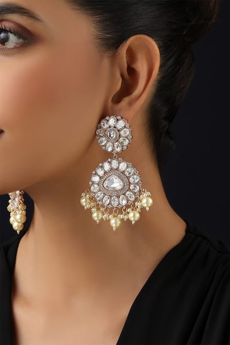 Shop_Swabhimann_Rose Gold Pearls, Stones White Polki And Dangler Earrings _Online_at_Aza_Fashions