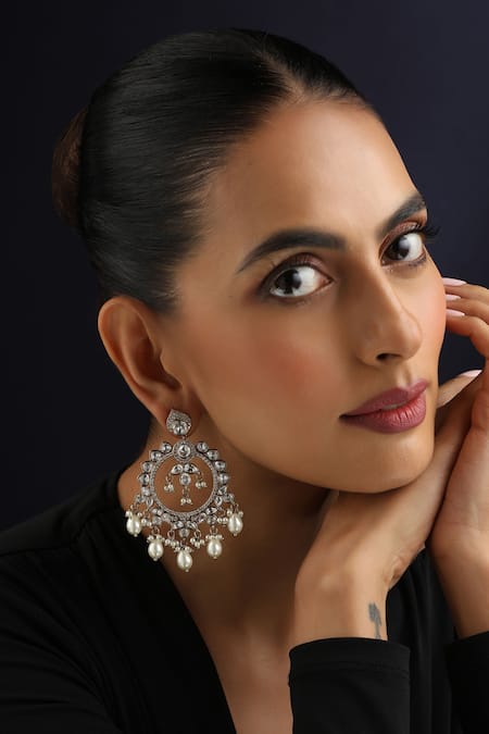 Swabhimann Gold Plated Pearls, Stones White Polki And Chandbali Earrings 