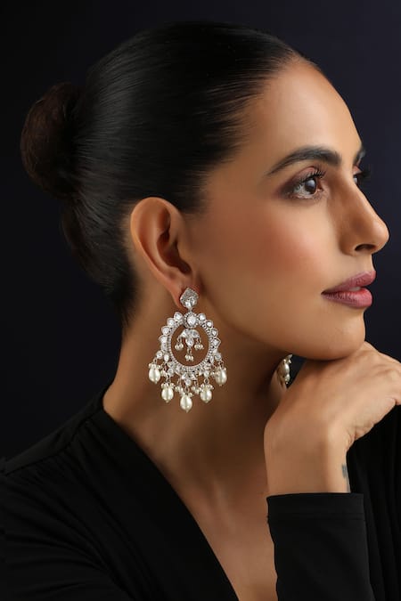 Swabhimann_Gold Plated Pearls, Stones White Polki And Chandbali Earrings _Online_at_Aza_Fashions