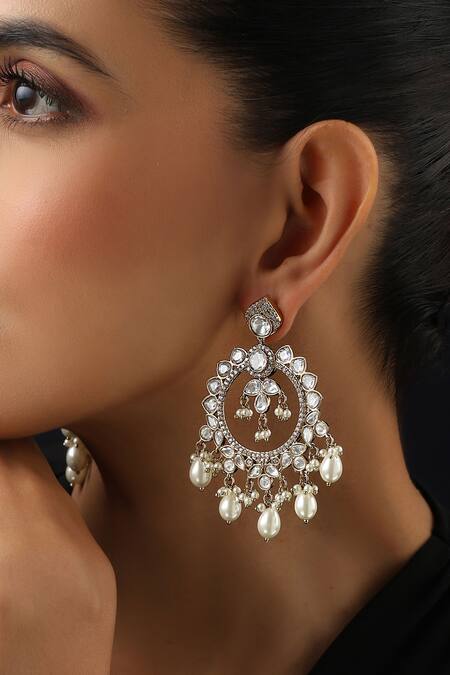 Buy_Swabhimann_Gold Plated Pearls, Stones White Polki And Chandbali Earrings _Online_at_Aza_Fashions
