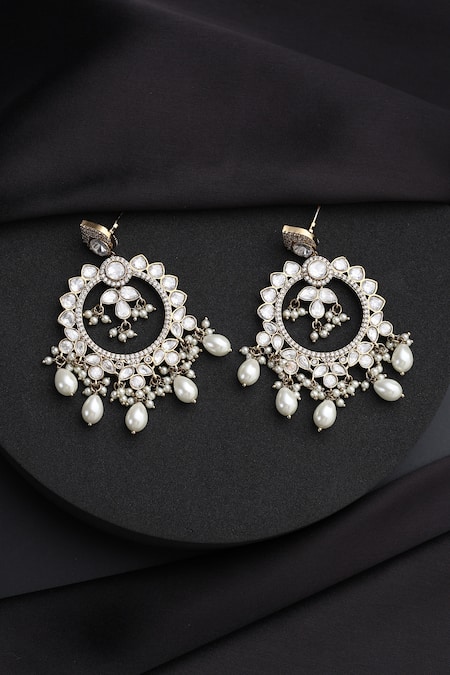 Shop_Swabhimann_Gold Plated Pearls, Stones White Polki And Chandbali Earrings _Online_at_Aza_Fashions