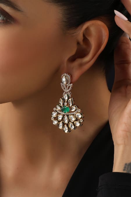 Swabhimann_Gold Plated Stones Green Kundan Dangler Earrings _Online_at_Aza_Fashions