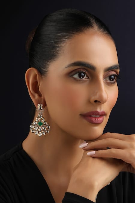 Buy_Swabhimann_Gold Plated Stones Green Kundan Dangler Earrings _Online_at_Aza_Fashions