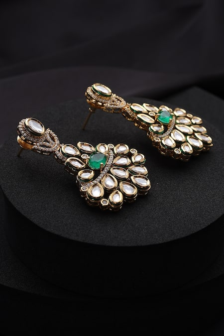 Shop_Swabhimann_Gold Plated Stones Green Kundan Dangler Earrings _Online_at_Aza_Fashions