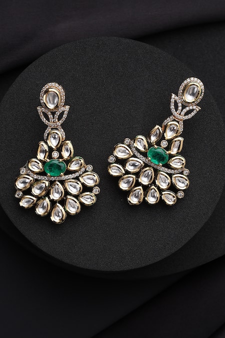 Shop_Swabhimann_Gold Plated Stones Green Kundan Dangler Earrings _at_Aza_Fashions