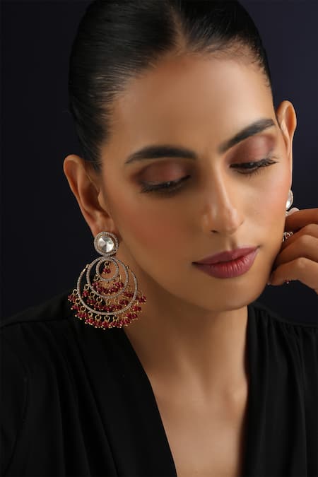 Swabhimann Gold Plated Stones, Beads Red Polki Chandbali Earrings 