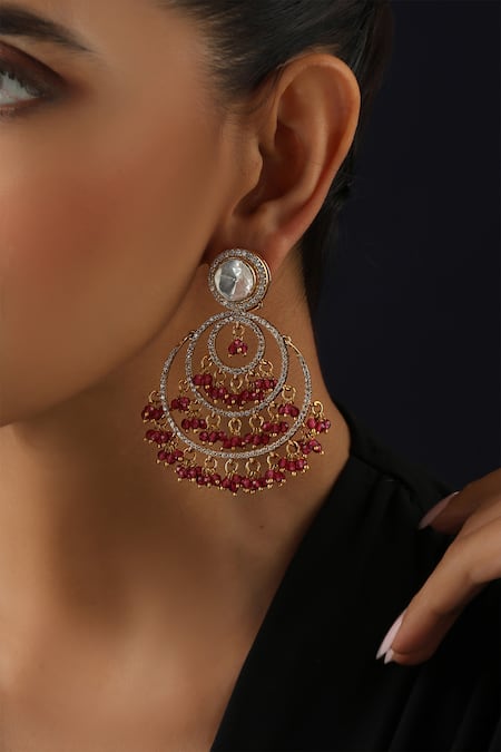 Swabhimann_Gold Plated Stones, Beads Red Polki Chandbali Earrings _Online_at_Aza_Fashions