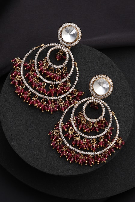 Shop_Swabhimann_Gold Plated Stones, Beads Red Polki Chandbali Earrings _at_Aza_Fashions