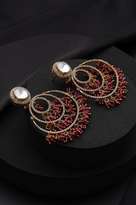 Buy_Swabhimann_Gold Plated Stones, Beads Red Polki Chandbali Earrings _Online_at_Aza_Fashions