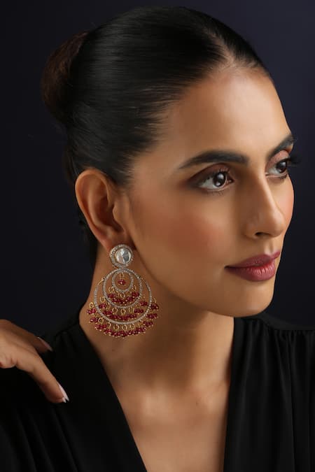 Shop_Swabhimann_Gold Plated Stones, Beads Red Polki Chandbali Earrings _Online_at_Aza_Fashions