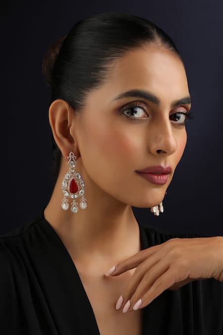 Swabhimann Rose Gold Stones Red Polki Dangler Earrings 