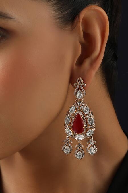 Buy_Swabhimann_Rose Gold Stones Red Polki Dangler Earrings_Online_at_Aza_Fashions