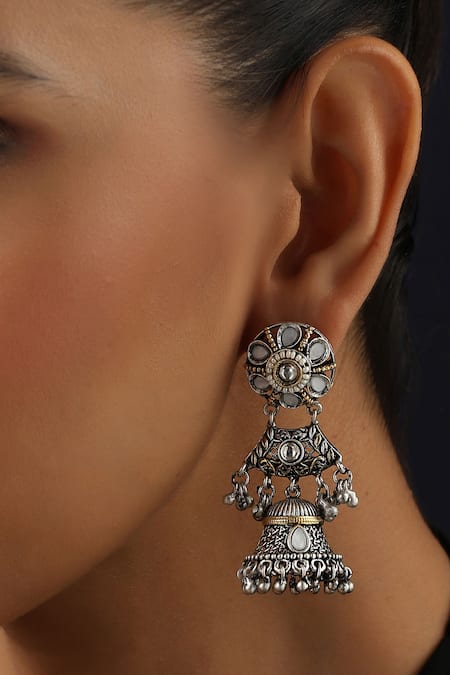 Swabhimann_Silver Plated Stones, Beads Kundan Jhumka Earrings _Online_at_Aza_Fashions