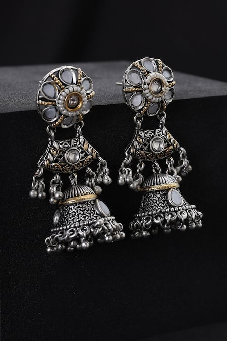 Shop_Swabhimann_Silver Plated Stones, Beads Kundan Jhumka Earrings _at_Aza_Fashions