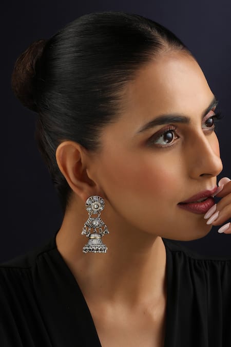 Swabhimann Silver Plated Stones, Beads Kundan Jhumka Earrings 