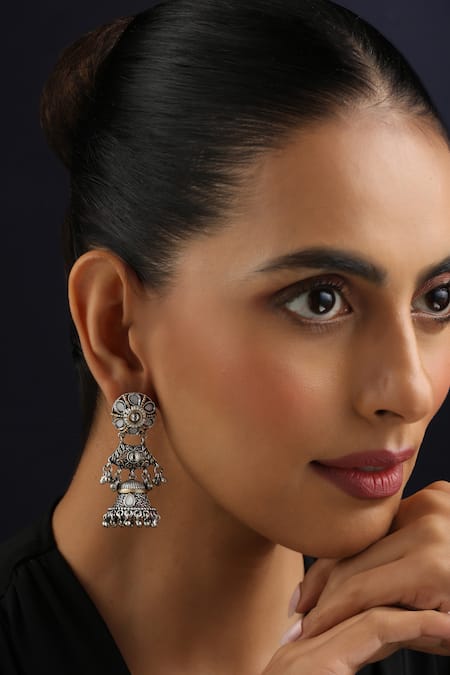 Shop_Swabhimann_Silver Plated Stones, Beads Kundan Jhumka Earrings _Online_at_Aza_Fashions