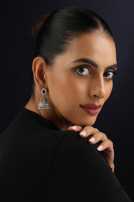 Swabhimann Silver Plated Pearls, Stones Red And Jhumka Earrings 