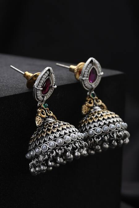 Swabhimann_Silver Plated Pearls, Stones Red And Jhumka Earrings _Online_at_Aza_Fashions