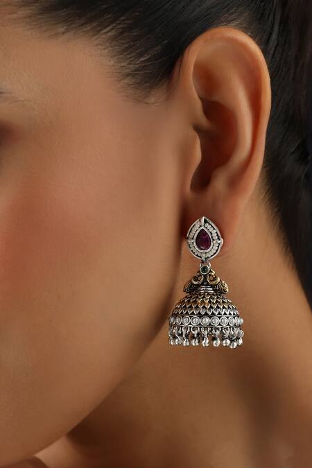 Buy_Swabhimann_Silver Plated Pearls, Stones Red And Jhumka Earrings _Online_at_Aza_Fashions