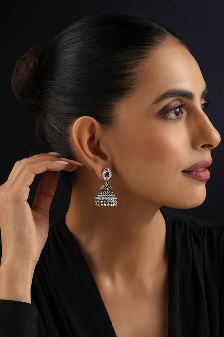 Shop_Swabhimann_Silver Plated Pearls, Stones Red And Jhumka Earrings _Online_at_Aza_Fashions