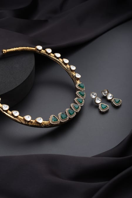 Swabhimann_Gold Plated Stones, Crystals Green Polki Hasli Necklace Set _Online_at_Aza_Fashions