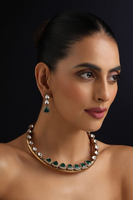 Buy_Swabhimann_Gold Plated Stones, Crystals Green Polki Hasli Necklace Set _Online_at_Aza_Fashions