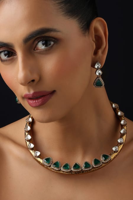 Shop_Swabhimann_Gold Plated Stones, Crystals Green Polki Hasli Necklace Set _Online_at_Aza_Fashions