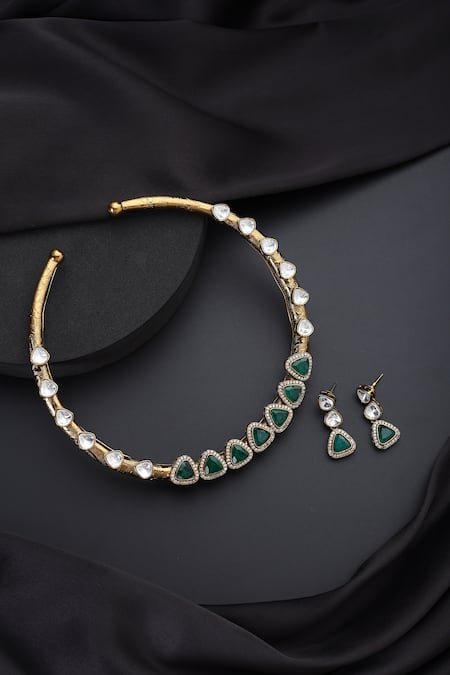 Shop_Swabhimann_Gold Plated Stones, Crystals Green Polki Hasli Necklace Set _at_Aza_Fashions