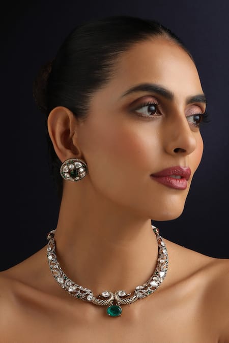Swabhimann Gold Plated Stones Emerald Hasli Necklace Set 