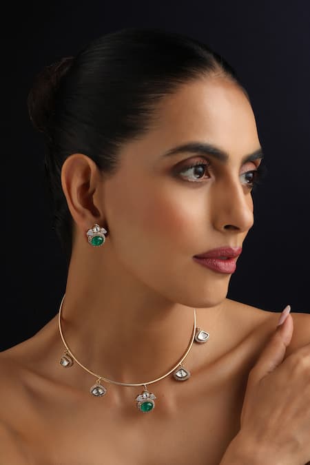 Swabhimann_Gold Plated Gemstones, Emerald Hasli Necklace Set _Online_at_Aza_Fashions