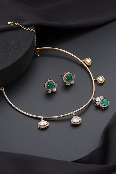 Shop_Swabhimann_Gold Plated Gemstones, Emerald Hasli Necklace Set _at_Aza_Fashions
