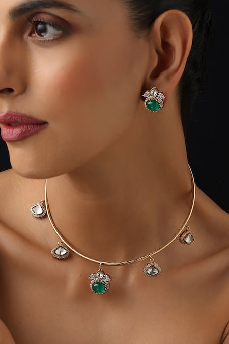 Buy_Swabhimann_Gold Plated Gemstones, Emerald Hasli Necklace Set _Online_at_Aza_Fashions