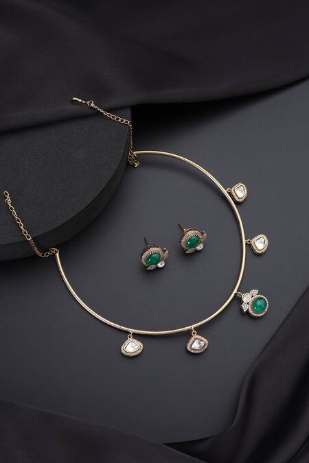 Shop_Swabhimann_Gold Plated Gemstones, Emerald Hasli Necklace Set _Online_at_Aza_Fashions