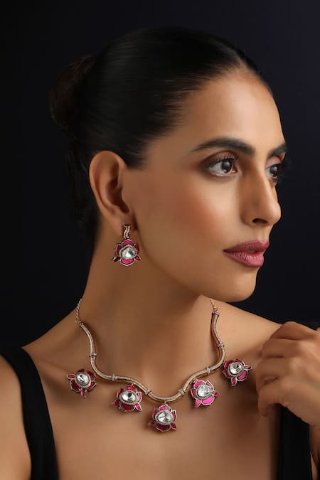 Swabhimann Gold Plated Stones Ruby And Polki Hasli Necklace Set 