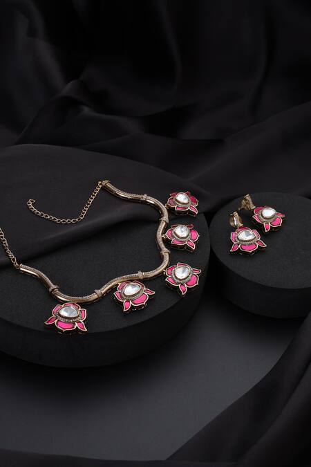 Swabhimann_Gold Plated Stones Ruby And Polki Hasli Necklace Set_Online_at_Aza_Fashions