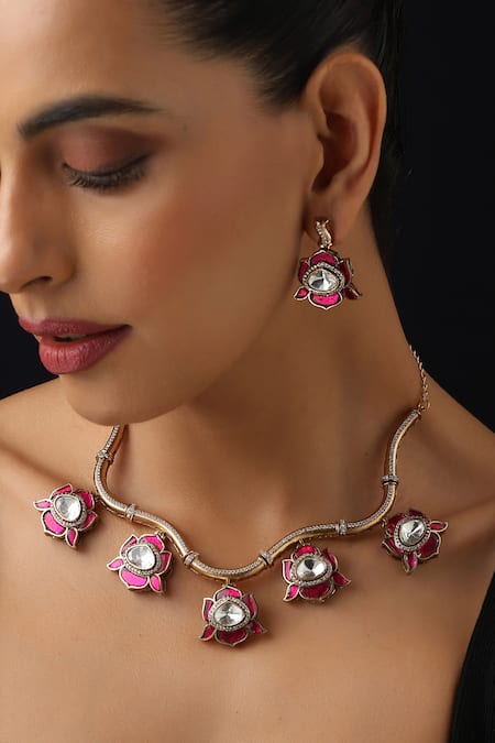 Buy_Swabhimann_Gold Plated Stones Ruby And Polki Hasli Necklace Set_Online_at_Aza_Fashions